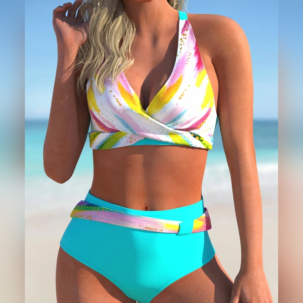 ROTITA Cross Front Colorful Print High Waisted Bikini -   Size: S